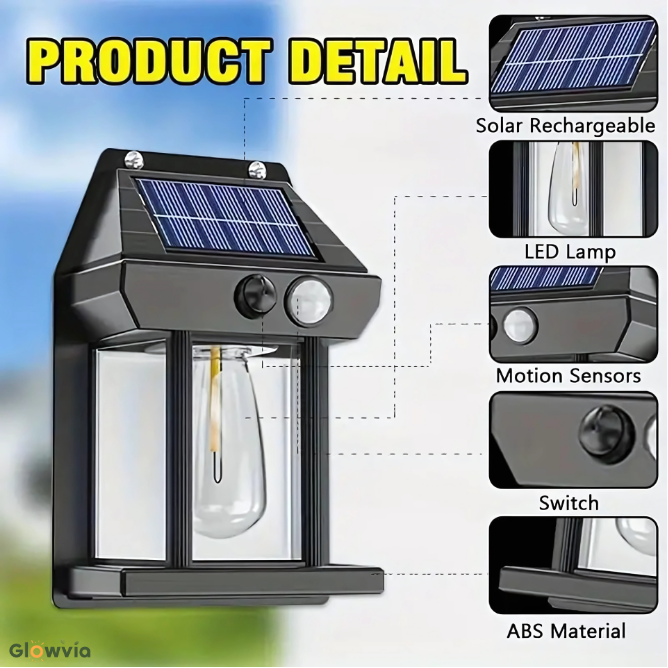 Glowvia Solar Wall Light - 3 Smart Modes, Motion Sensor, Auto-On at Night | Waterproof Outdoor Lamp for Doors & Porches